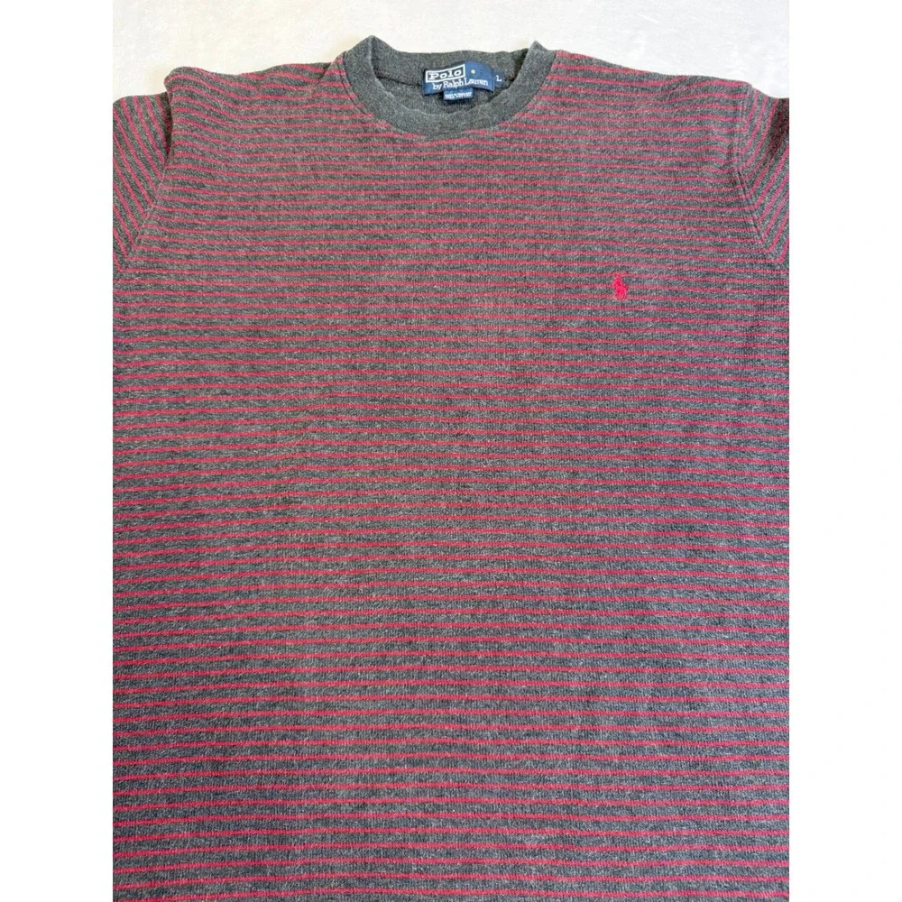 Polo Ralph Lauren Thermal Shirt Mens L Grey Red Striped Long Sleeve